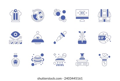 Science icon set. Duotone style line stroke and bold. Vector illustration. Containing time machine, reflective, potion, around the world, ufo, planet, molecule, pipette, dna structure, biochemistry.