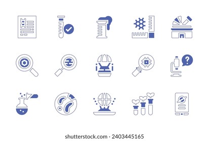 Science icon set. Duotone style line stroke and bold. Vector illustration. Containing report, search, chemical reaction, test tube, astronomy, research, quiz, mars, mobile phone, capsule, hologram.