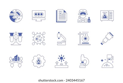 Science icon set. Duotone style line stroke and bold. Vector illustration. Containing scientific, chemistry, microscope, geology, test tube, floating island, microwave, telescope, moon, bond, virus.