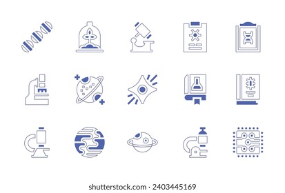 Science icon set. Duotone style line stroke and bold. Vector illustration. Containing dna, report, microscope, book, chip, flask, saturn, neptune, supernova, research.