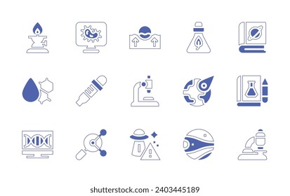 Science icon set. Duotone style line stroke and bold. Vector illustration. Containing microscope, flask, laboratory, water drop, pc, meteorite, planet, book, bacteria, pipette, research, float, ufo.