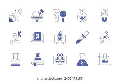Conjunto de iconos de ciencia. Curso de línea de estilo duotónico y negrita. Ilustración vectorial. Contiene tubo de ensayo, microscopio, matraz, planetas, hombre, pipeta, frascos, observatorio, portátil, libro, investigación, laboratorio virtual.