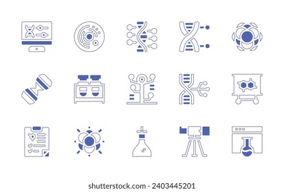 Science icon set. Duotone style line stroke and bold. Vector illustration. Containing dna, biogenetic, telescope, biology, report, atom, formula, chemistry, cell, flask, phylogenetics, chemical.