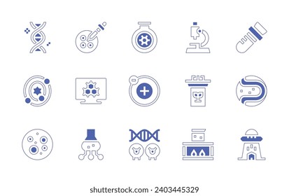 Science icon set. Duotone style line stroke and bold. Vector illustration. Containing flask, electron, cloning, dna, solar system, moon, microscope, lectern, test tube, planet, abduction, petri dish.