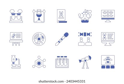 Conjunto de iconos de ciencia. Curso de línea de estilo duotónico y negrita. Ilustración vectorial. Conteniendo ciencia ficción, estructura, tubo de ensayo, presentación, experimento, célula, muestra de sangre, investigación, pipeta, telescopio.