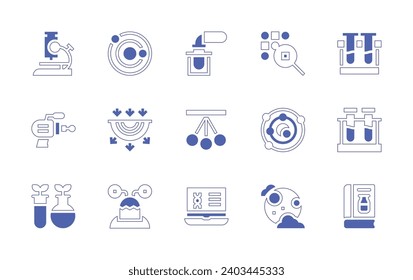 Conjunto de iconos de ciencia. Curso de línea de estilo duotónico y negrita. Ilustración vectorial. Con microscopio, blaster, biología, sistema solar, geología, alien, tubo de ensayo, tubos de ensayo, péndulo, cromosoma, manual.