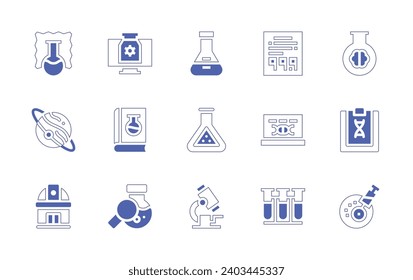 Science icon set. Duotone style line stroke and bold. Vector illustration. Containing flask, microscope, computer, dna test, test tube, synthetic material, planet, telescope, fertilization, clipboard.