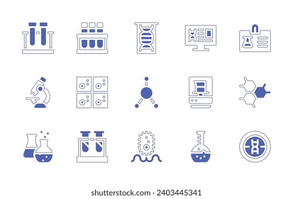Conjunto de iconos de ciencia. Curso de línea de estilo duotónico y negrita. Ilustración vectorial. Con tubo de ensayo, microscopio, tubos de ensayo, elementos periódicos, tarjeta de identificación, estructura molecular, biología, genética, unión.