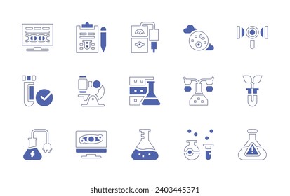 Science icon set. Duotone style line stroke and bold. Vector illustration. Containing computer, search, test tube, biology, chemical, flask, test, microscope, pc, ph meter, database, chemistry, moon.