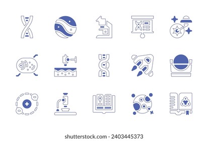 Science icon set. Duotone style line stroke and bold. Vector illustration. Containing dna, ufo, cell, volume, electron, research, planet, microscope, open book, presentation, spaceship, moon.