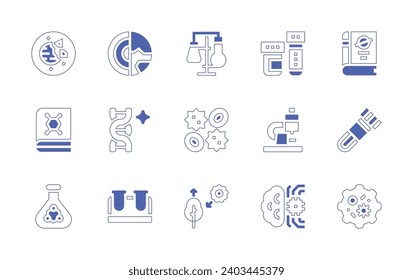 Conjunto de iconos de ciencia. Curso de línea de estilo duotónico y negrita. Ilustración vectorial. Con planeta destruido, física, matraz, planeta, libro, adn, análisis de sangre, tubo de ensayo, microorganismo, laboratorio, células sanguíneas