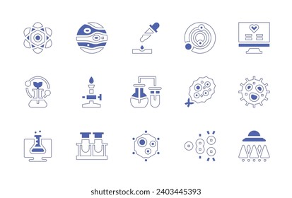 Conjunto de iconos de ciencia. Curso de línea de estilo duotónico y negrita. Ilustración vectorial. Contiene átomo, matraz, laboratorio virtual, mercurio, quemador de bunsen, experimento, salud, célula, ufo, pipeta, tubo de ensayo, virus.