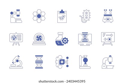 Wissenschaftssymbol gesetzt. Duotone Stil Linie Strich und fett. Vektorgrafik. Enthält Forschung, und, Chemie, Biotechnologie, Mikroskop, Bakterien, PC, Diashow, künstliche Intelligenz, Zellen.