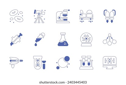 Wissenschaftssymbol gesetzt. Duotone Stil Linie Strich und fett. Vektorgrafik. Jetpack, Oszillation, rote Blutzellen, Teleskop, Tröpfchen, Reagenzrohr, Pistole, Kondensator, Mikroskop, Kolben.