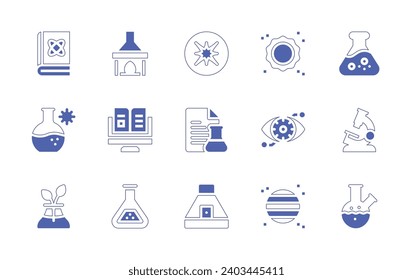 Science icon set. Duotone style line stroke and bold. Vector illustration. Containing microscope, flask, plant, computer science, science, bionic eye, planet, research, space capsule, science book.