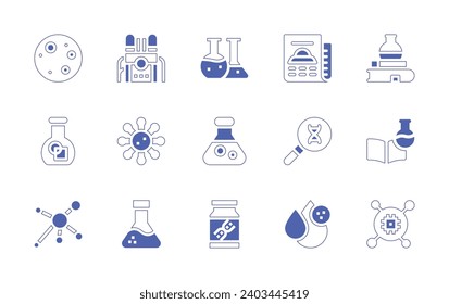 Science icon set. Duotone style line stroke and bold. Vector illustration. Containing book, chemistry, nano technology, full moon, machine, flask, measles, molecule, medical lab, dna, newspaper.