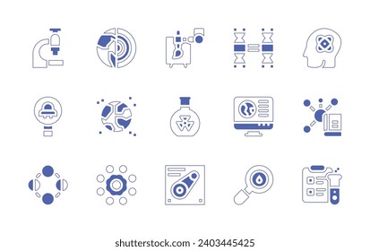 Science icon set. Duotone style line stroke and bold. Vector illustration. Containing science, geology, earth, orbit, robot hand, flask, pulley, twins, pc, research, microscope, search, moon phase.