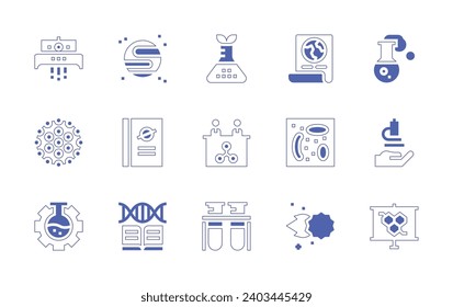 Conjunto de iconos de ciencia. Curso de línea de estilo duotónico y negrita. Ilustración vectorial. Conteniendo ciencia, ciencias, planeta, libro, ambientes, genética, planta, biología molecular, tubos de ensayo, afiche, parásito.