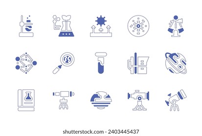 Science icon set. Duotone style line stroke and bold. Vector illustration. Containing flask, network, book, astrolabe, saturn, telescope, biotechnology, magnifying glass, planet, light refraction.