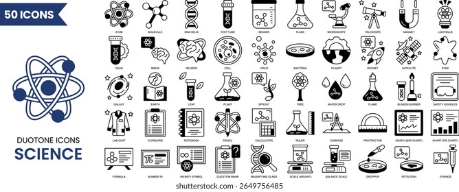 Ícone de ciência definido no estilo duotônico. Contendo biologia, laboratório, experimento, tubo de teste, cientista, pesquisa, física, química e muito mais. Ilustração vetorial