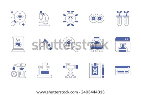 Science icon set. Duotone style line stroke and bold. Vector illustration. Containing science, loading, investigation, corrosive, flask, brain, medical lab, biology, bacteria, telescope, cell division