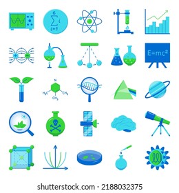 Science icon set in flat style. Scientific elements collection. Vector illustration.