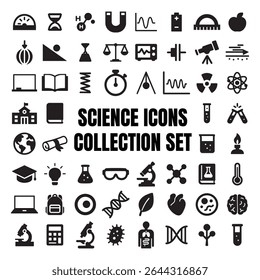 Ícone científico definido em estilo vetorial plano com átomos, frascos, microscópios e ferramentas de laboratório para CTEM, educação e design de pesquisa.