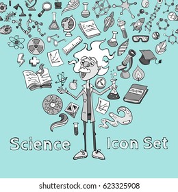 Science Icon Set Hand Drawing Funny Doodle Style Elements Pack with Mad Scientist Cartoon Character Vector Art Design Illustration