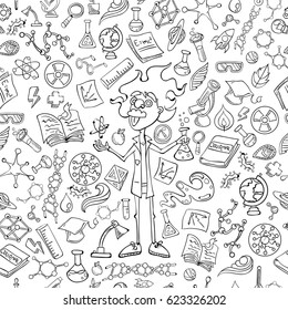 Science Icon Set Hand Drawing Funny Doodle Style Elements Pack Seamless Texture Pattern Vector Art Design Illustration