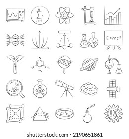 Science icon set in hand drawn style. Scientific elements collection. Vector illustration.