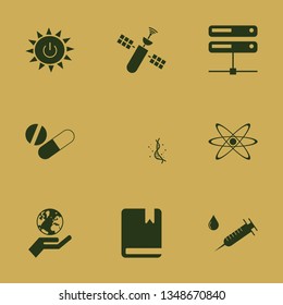 science icon set with hand and globe, pandemic virus strand and atom vector illustration