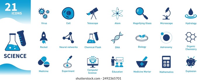 Ciencia. Conjunto de iconos para experimentación, astronomía, ADN, medicina, microbiología, hidrología, química