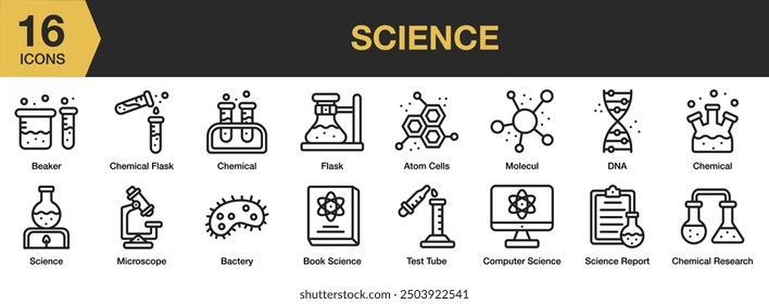 Science icon set. Includes atom cells, bactery, chemical, flask, molecule, test tube, and More. Outline icons vector collection.