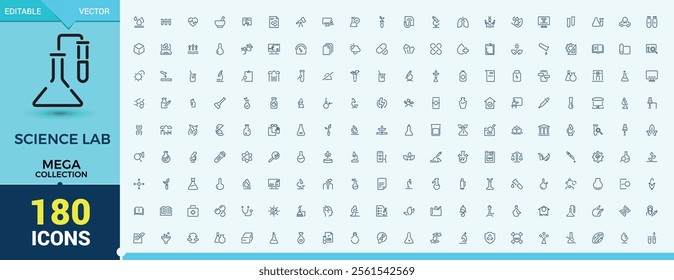 Science icon set. Lab icon mega set. Includes icons for discovery, formula, research, technology, tube, analysis and more. Pixel perfect. Vector icons editable stroke.