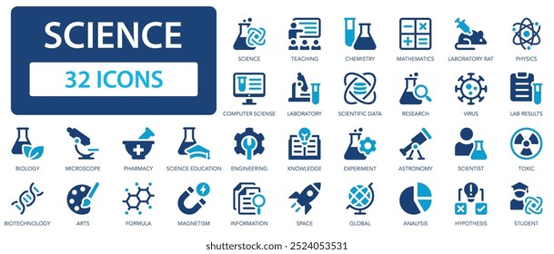 Conjunto de ícones de ciência. Laboratório, científico, farmácia, física, biologia, laboratório, engrenagem, tóxico, pesquisa.