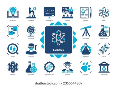 Science icon set. Laboratory, Scientist, Telescope, Mathematics, Experiment, Knowledge, Student, Courses. Duotone color solid icons