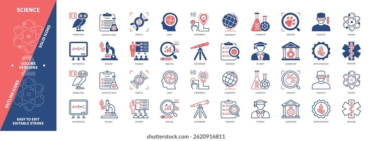 Science icon set. Laboratory, Scientist, Telescope, Mathematics, Experiment, Knowledge, Student, Courses. Duotone color solid and editable outline icons