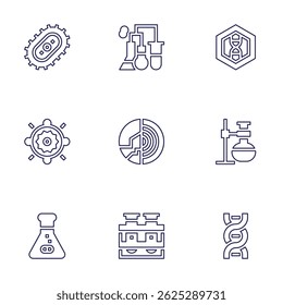 Science icon set. Line style. Editable stroke. bacteria, experiment, dna, sun, layers, chemistry, flask, test tube.