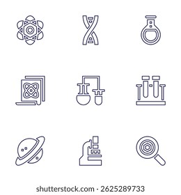 Science icon set. Line style. Editable stroke. atom, dna, flask, scientific, test tube, saturn, microscope, search.