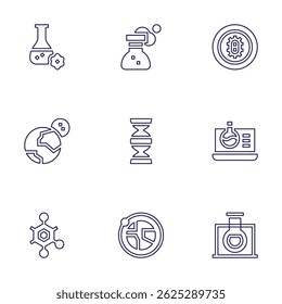 Science icon set. Line style. Editable stroke. chemistry, flask, bacteria, moon, dna, structure, orbit.