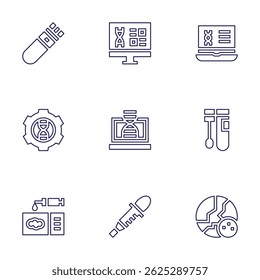 Science icon set. Line style. Editable stroke. blood test, research, chromosome, genetic engineering, laptop, swab, slide, pipette, moon.