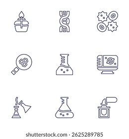 Ikonensatz der Wissenschaft. Linienstil. Bearbeitbarer Strich. bunsen Brenner, DNA, Blutzellen, Forschung, Becher, Laptop, Experiment, Reagenzglas.