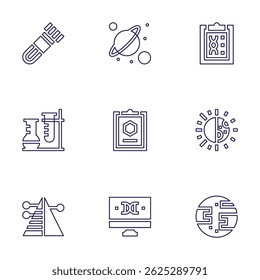 Conjunto de iconos de Ciencia. Estilo de línea. Prueba de sangre, planetas, ADN, laboratorio médico, informe, día y noche, capas, estructura del ADN, urano.