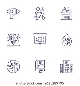 Science icon set. Line style. Editable stroke. blaster, constellation, observatory, hologram, presentation, blood, mars, book, research center.