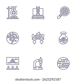 Science icon set. Line style. Editable stroke. chemistry, genetic engineering, nanotechnology, geology, floating island, biomass, molecules.