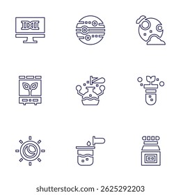Science icon set. Line style. Editable stroke. dna, neptune, full moon, incubator, research, gmo, eclipse, chemical, toxic chemical.