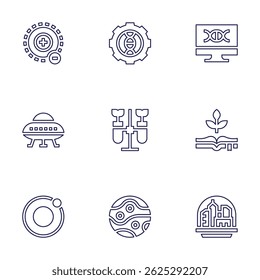 Science icon set. Line style. Editable stroke. electron, genetic, dna, ufo, chemistry, botany, moon, mars, space colony.