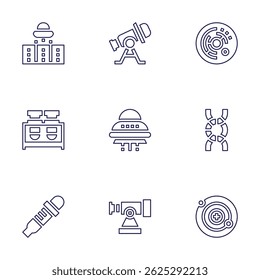 Science icon set. Line style. Editable stroke. ufo, telescope, cell, flask, dna, pipette, neutron.