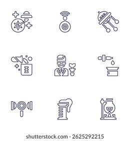 Science icon set. Line style. Editable stroke. ufo, spy, experiment, scientist, chemical analysis, search, test tube, flask.