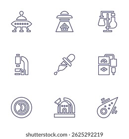 Science icon set. Line style. Editable stroke. ufo, laboratory, microscope, dropper, ph meter, half moon, observatory, meteorite.
